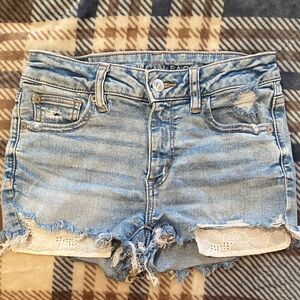 American Eagle Outfitters Light Blue Distressed Denim Shorts with Lace Inset